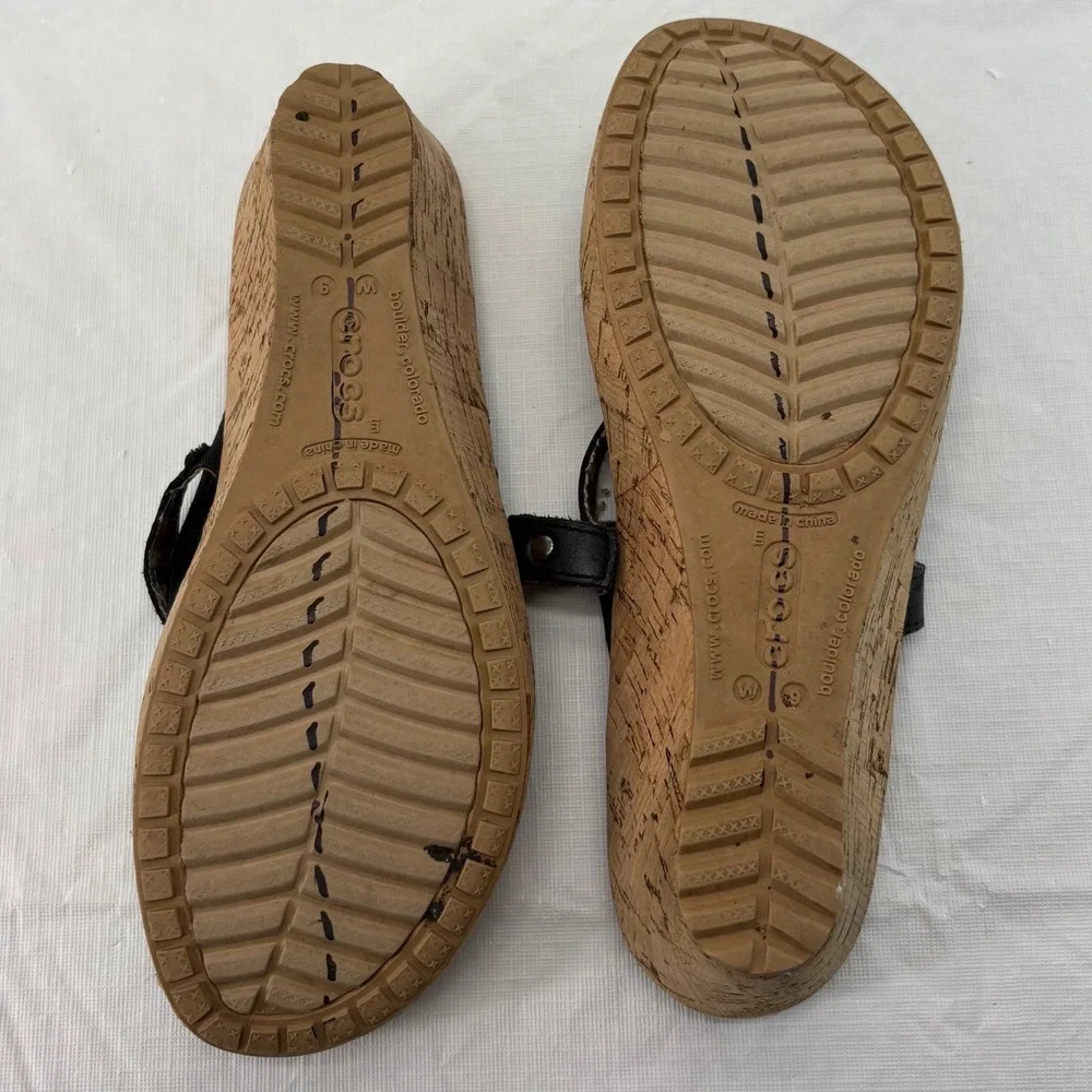 Crocs A-Leigh Leather Strappy Wedge Sandals Black Cork Heel Womens 9